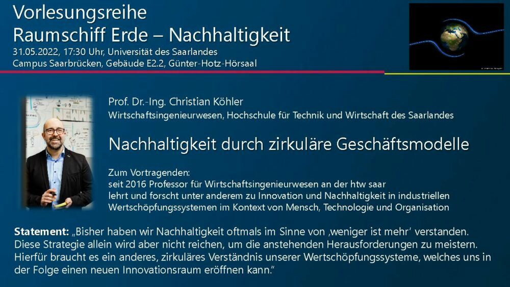 You are currently viewing MBA-Absolvent Prof. Dr.-Ing. Christian Köhler hält Vortrag „Nachhaltigkeit durch zirkuläre Geschäftsmodelle“